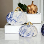 Blue White Marble Pumpkin Serving Platters Set of 2 With Gold Stem BandsCo Straps
