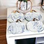 Blue White Marble Pumpkin Serving Platters Set of 2 With Gold Stem BandsCo Straps
