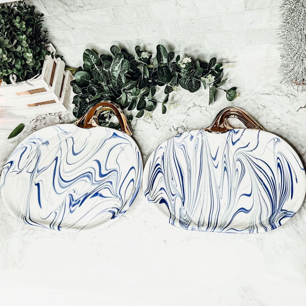 Blue White Marble Pumpkin Serving Platters Set of 2 With Gold Stem BandsCo Straps