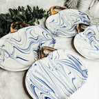 Blue White Marble Pumpkin Serving Platters Set of 2 With Gold Stem BandsCo Straps
