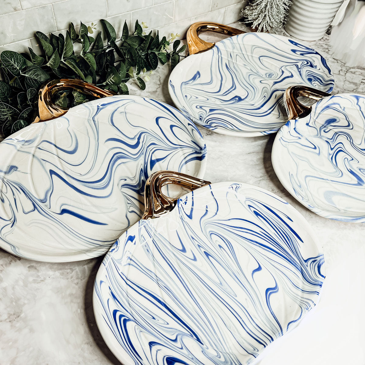 Blue White Marble Pumpkin Serving Platters Set of 2 With Gold Stem BandsCo Straps