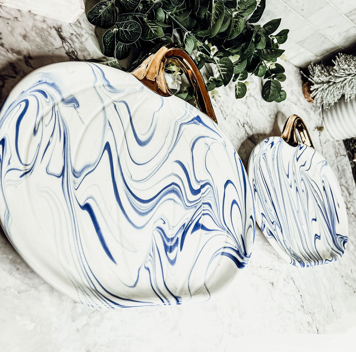 Blue White Marble Pumpkin Serving Platters Set of 2 With Gold Stem BandsCo Straps