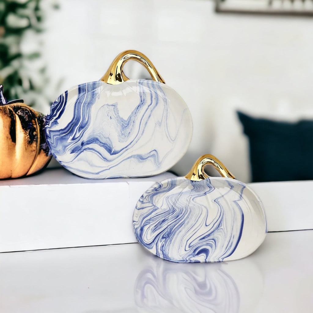 Blue White Marble Pumpkin Serving Platters Set of 2 With Gold Stem BandsCo Straps