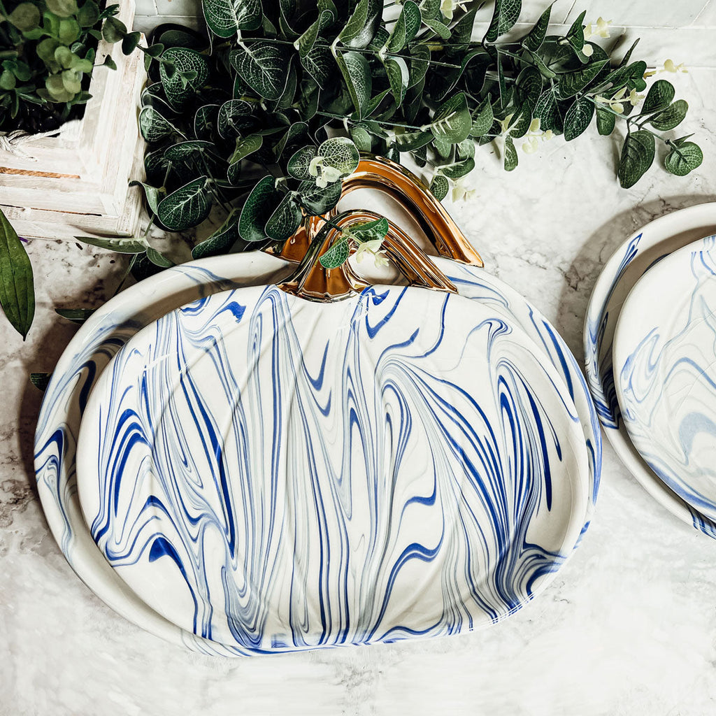 Blue White Marble Pumpkin Serving Platters Set of 2 With Gold Stem BandsCo Straps