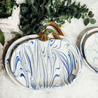 Blue White Marble Pumpkin Serving Platters Set of 2 With Gold Stem BandsCo Straps