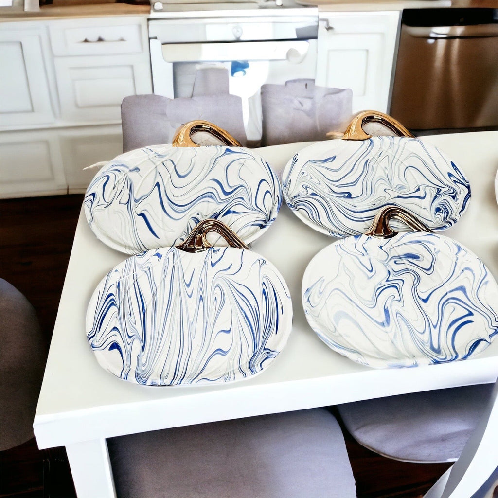 Blue White Marble Pumpkin Serving Platters Set of 2 With Gold Stem BandsCo Straps