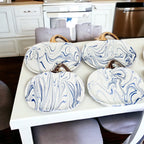 Blue White Marble Pumpkin Serving Platters Set of 2 With Gold Stem BandsCo Straps