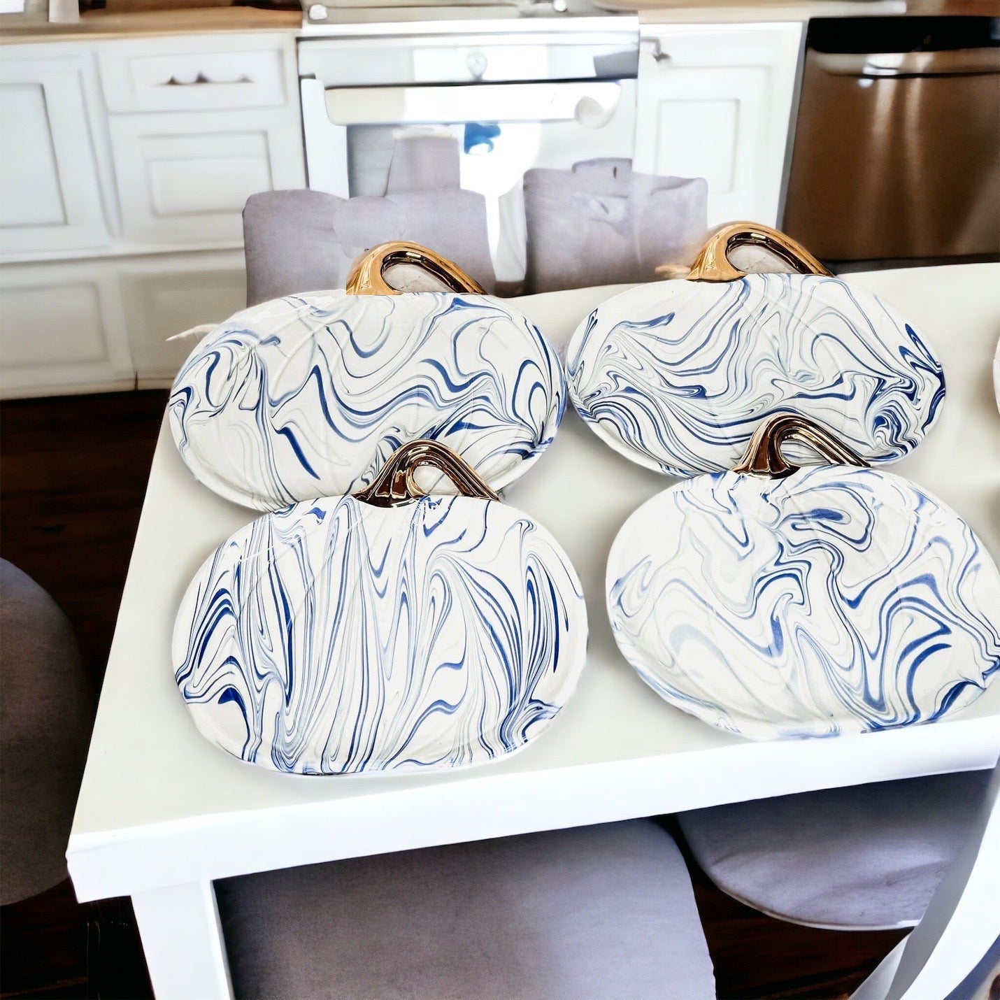 Blue White Marble Pumpkin Serving Platters Set of 2 With Gold Stem BandsCo Straps