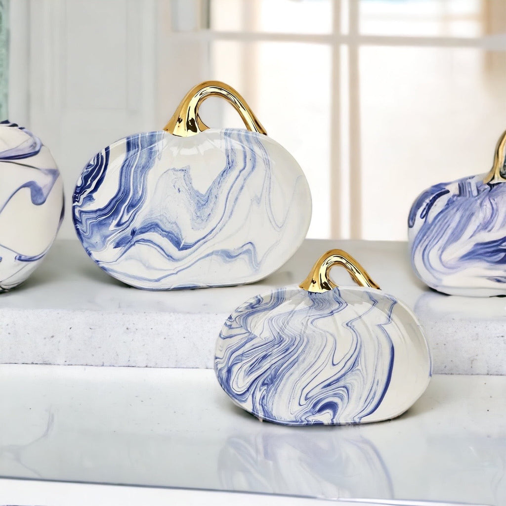 Blue White Marble Pumpkin Serving Platters Set of 2 With Gold Stem BandsCo Straps