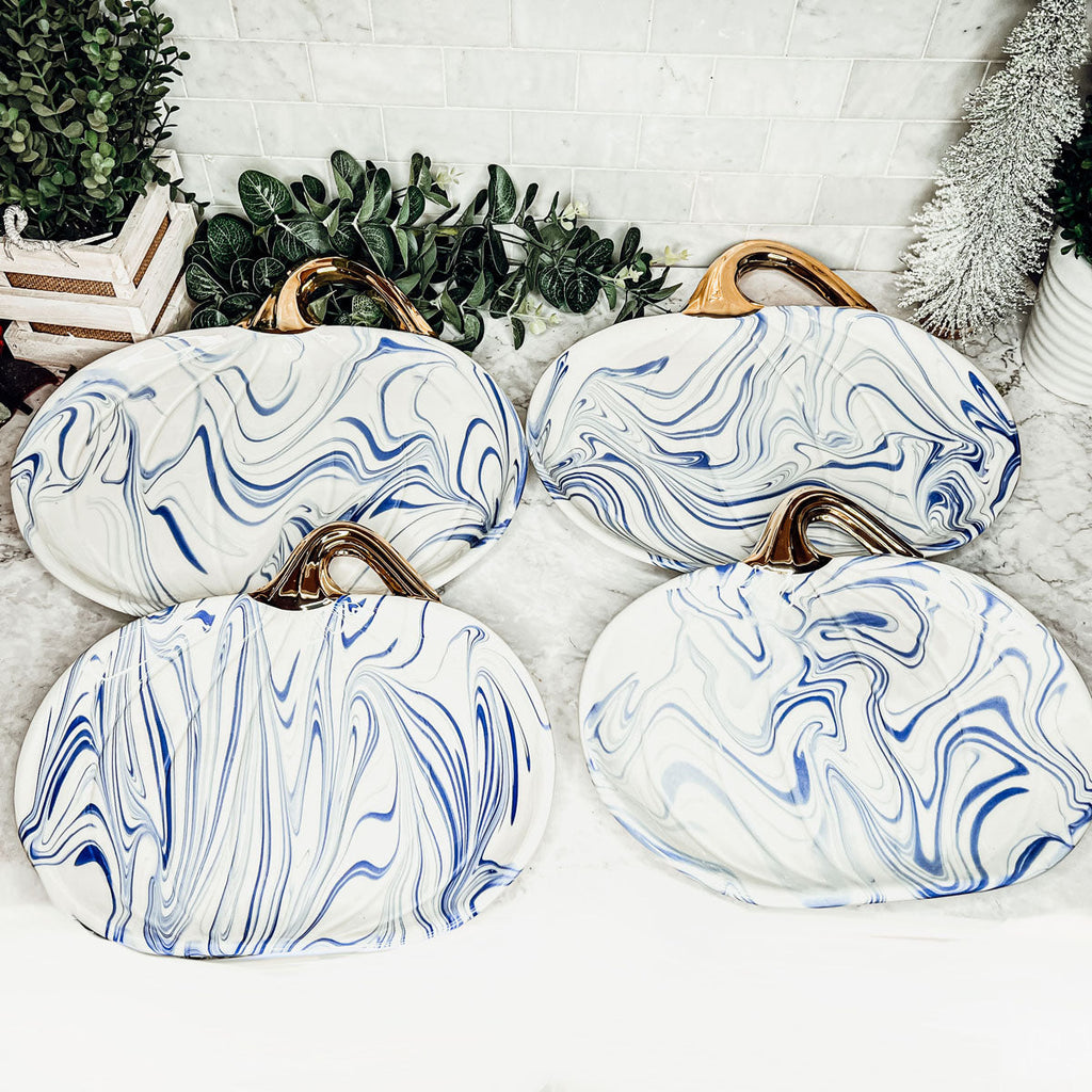 Blue White Marble Pumpkin Serving Platters Set of 2 With Gold Stem BandsCo Straps