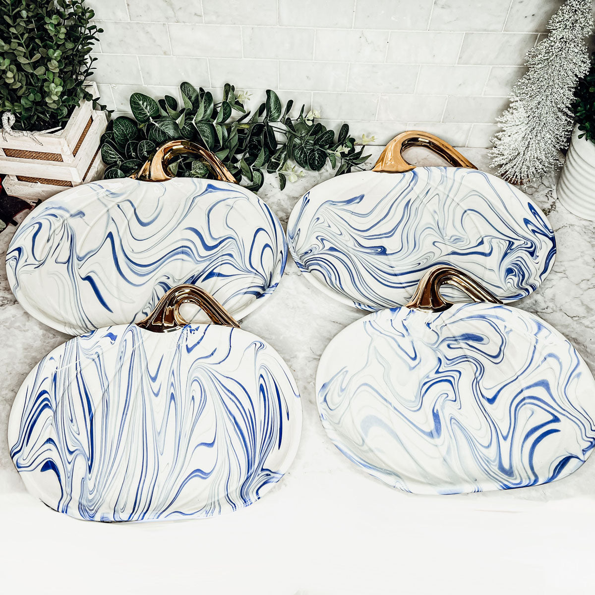 Blue White Marble Pumpkin Serving Platters Set of 2 With Gold Stem BandsCo Straps