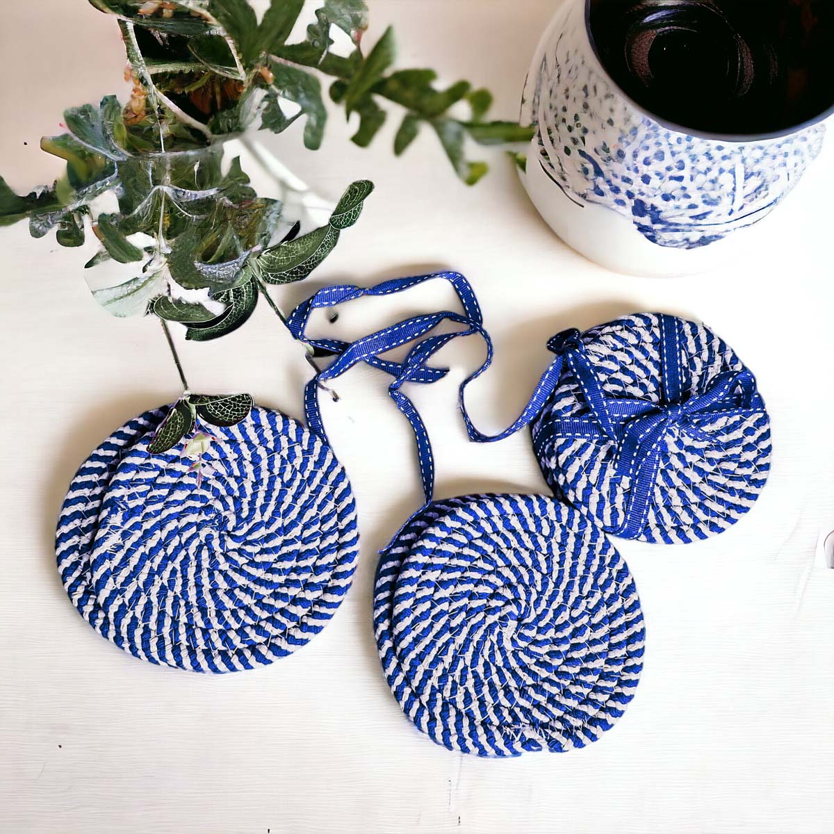 Black Braided Coaster Set 4-Pack Candy Cane Stripe Coasters Table Protectors BandsCo Straps