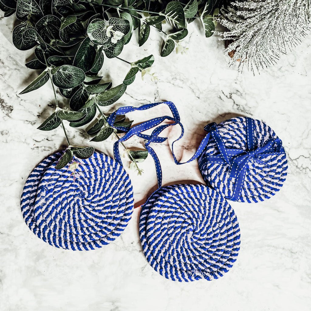 Blue Braided Holiday Coaster Set 4 Pack Candy Cane Stripe Table Protectors Absorbent Drink Mats BandsCo Straps