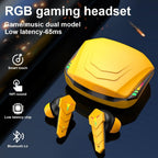 Bluetooth 5.0 RGB Yellow Gaming Earphones Low Latency Wireless Stereo Headphones Bass Earbuds With Mic Headphones Wearable Music Player HiFi Quality Sound Sport Earphones With Charging Case For Outdoor Running Gym Workout 65ms Stevvex