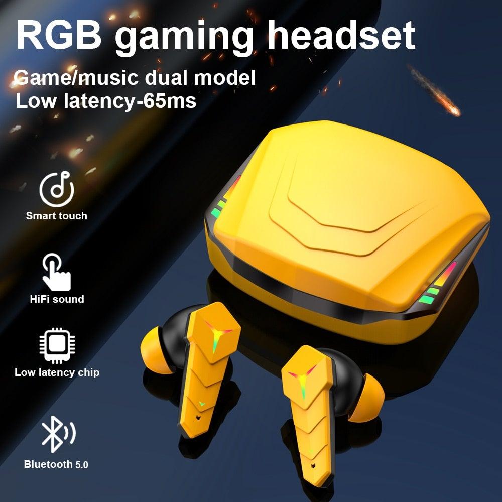 Bluetooth 5.0 RGB Yellow Gaming Earphones Low Latency Wireless Stereo Headphones Bass Earbuds With Mic Headphones Wearable Music Player HiFi Quality Sound Sport Earphones With Charging Case For Outdoor Running Gym Workout 65ms Stevvex