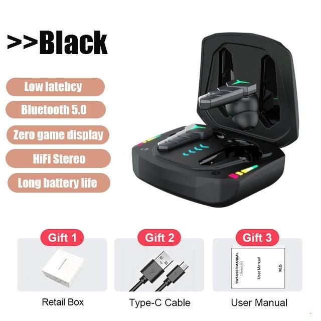 Bluetooth 5.0 RGB Yellow Gaming Earphones Low Latency Wireless Stereo Headphones Bass Earbuds With Mic Headphones Wearable Music Player HiFi Quality Sound Sport Earphones With Charging Case For Outdoor Running Gym Workout 65ms Stevvex