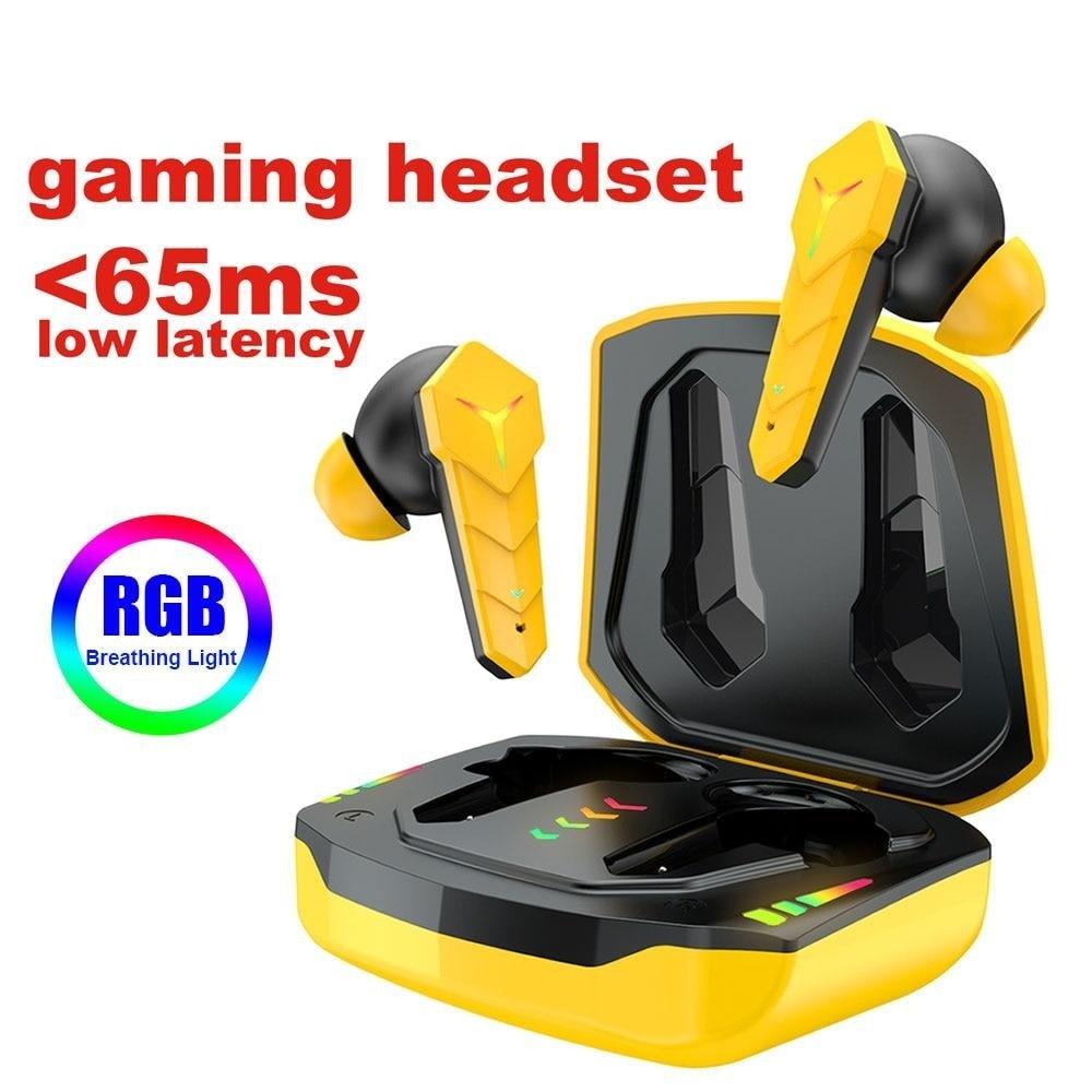Bluetooth 5.0 RGB Yellow Gaming Earphones Low Latency Wireless Stereo Headphones Bass Earbuds With Mic Headphones Wearable Music Player HiFi Quality Sound Sport Earphones With Charging Case For Outdoor Running Gym Workout 65ms Stevvex