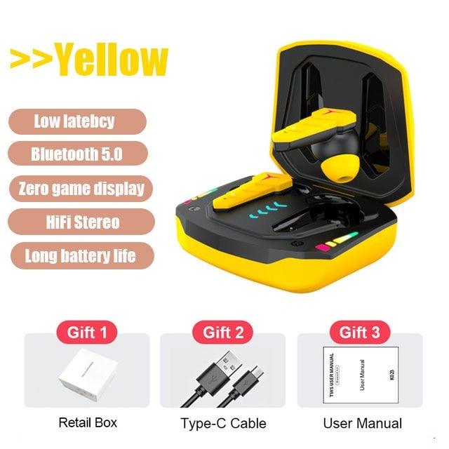 Bluetooth 5.0 RGB Yellow Gaming Earphones Low Latency Wireless Stereo Headphones Bass Earbuds With Mic Headphones Wearable Music Player HiFi Quality Sound Sport Earphones With Charging Case For Outdoor Running Gym Workout 65ms Stevvex