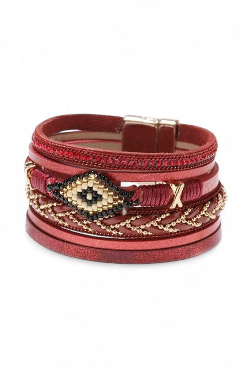 Bohemian Beaded Layered Magnetic Bracelet Red Leather