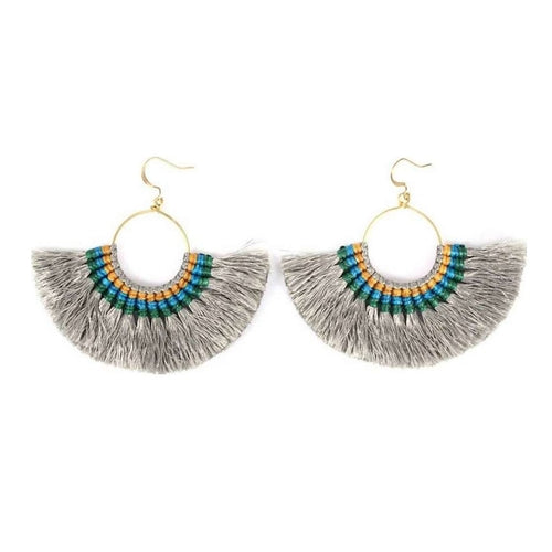 Tassel Fan Earrings Boho Cotton Tassel Lightweight 3in Drop Brass Handmade BandsCo Straps