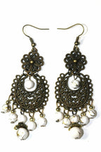 Boho Filigree Dangle Earrings White Stone Bead Chandelier