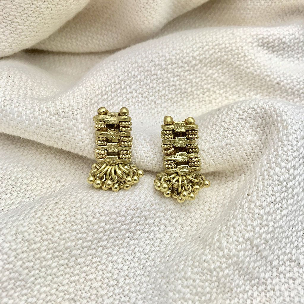 Boho Indian Drop Earrings Woven Metal Beads Cotton Thread 1in BandsCo Straps