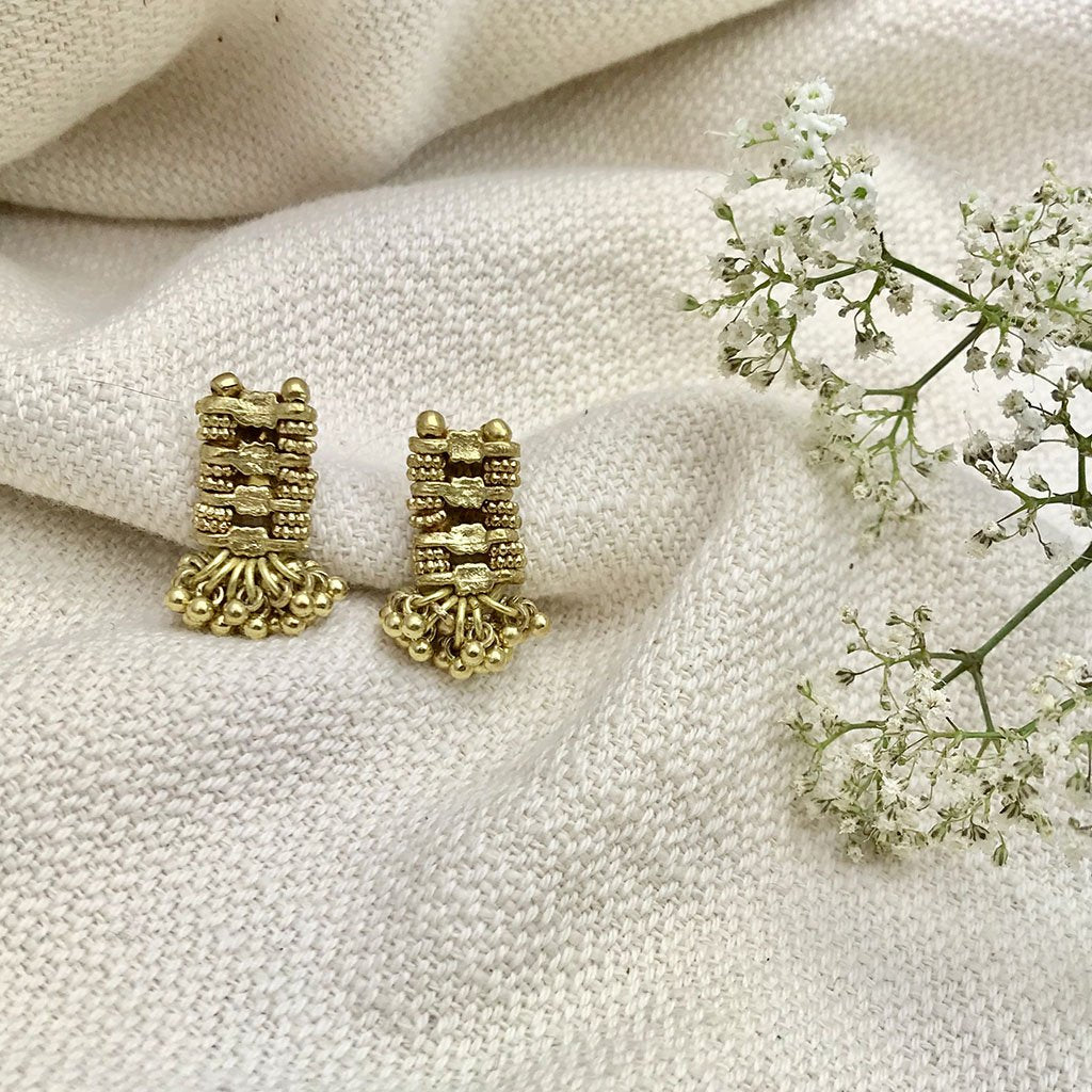 Boho Indian Drop Earrings Woven Metal Beads Cotton Thread 1in BandsCo Straps