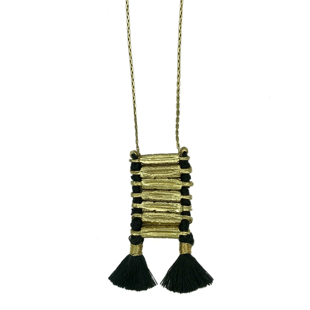 Temple Necklace Boho Indian Oxidized Zinc Alloy Cotton Tassel 17in Handmade BandsCo Straps