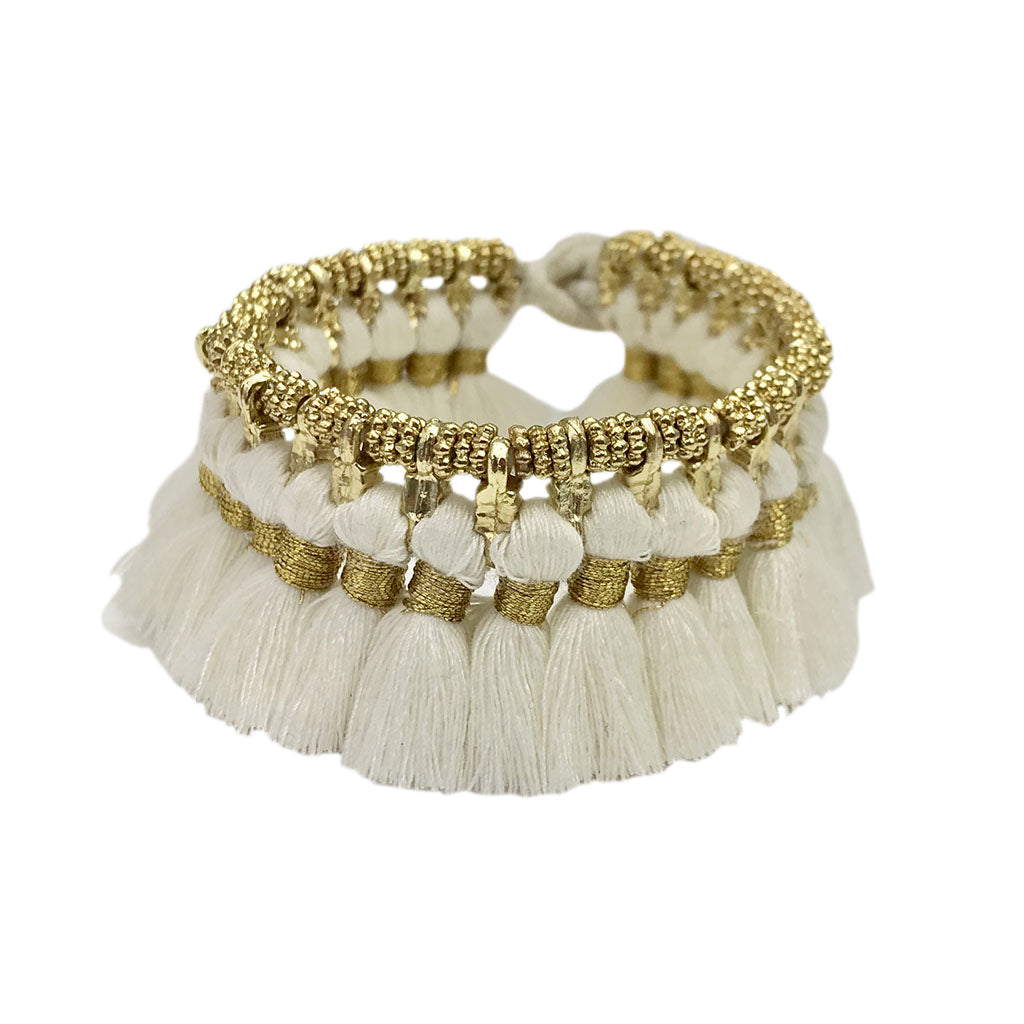 Boho Kyra Tassel Cuff Bracelet 7 Inch Handwoven Metal Beads Cotton Tassels BandsCo Straps