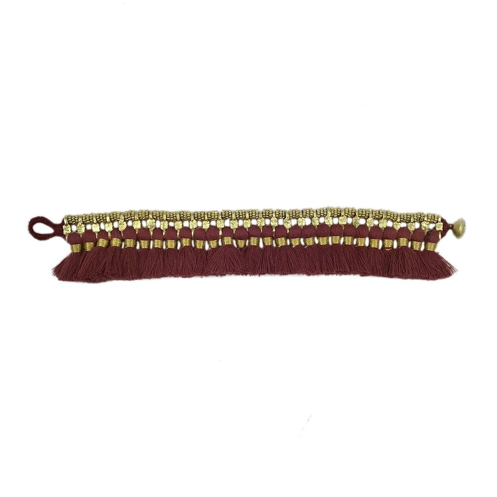 Boho Kyra Tassel Cuff Bracelet 7 Inch Handwoven Metal Beads Cotton Tassels BandsCo Straps