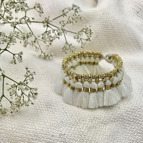 Boho Kyra Tassel Cuff Bracelet 7 Inch Handwoven Metal Beads Cotton Tassels BandsCo Straps