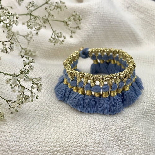 Boho Kyra Tassel Cuff Bracelet 7 Inch Handwoven Metal Beads Cotton Tassels BandsCo Straps