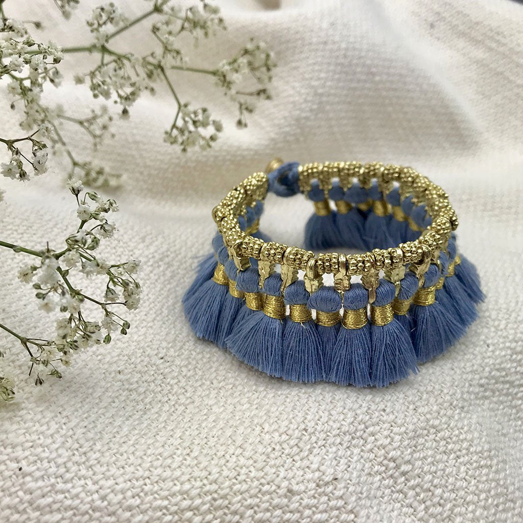 Boho Kyra Tassel Cuff Bracelet 7 Inch Handwoven Metal Beads Cotton Tassels BandsCo Straps
