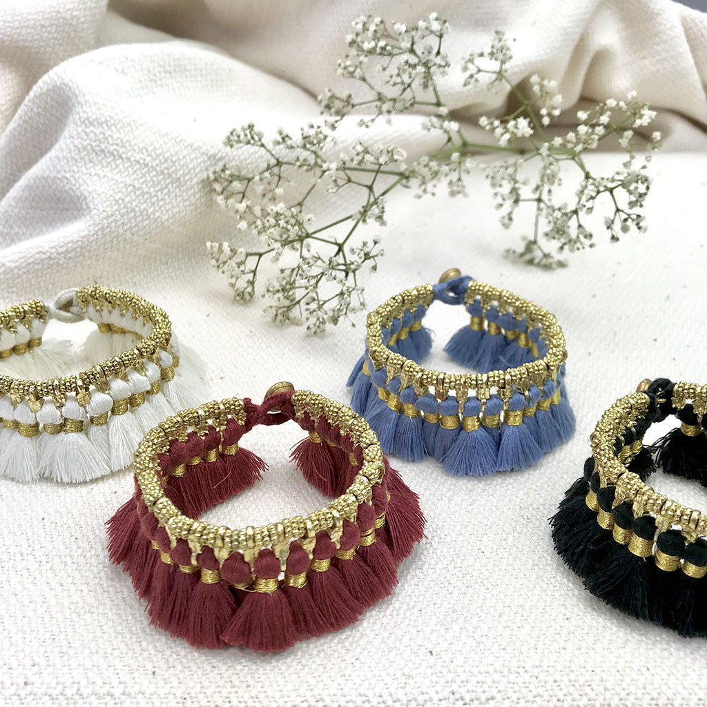 Boho Kyra Tassel Cuff Bracelet 7 Inch Handwoven Metal Beads Cotton Tassels BandsCo Straps