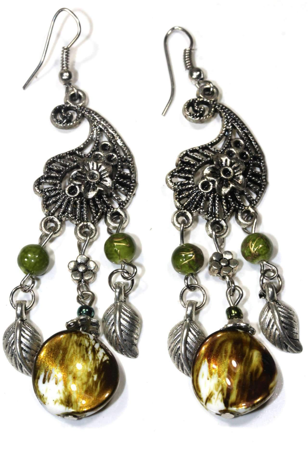 Boho Paisley Dangle Earrings Green Glass Bead Charms
