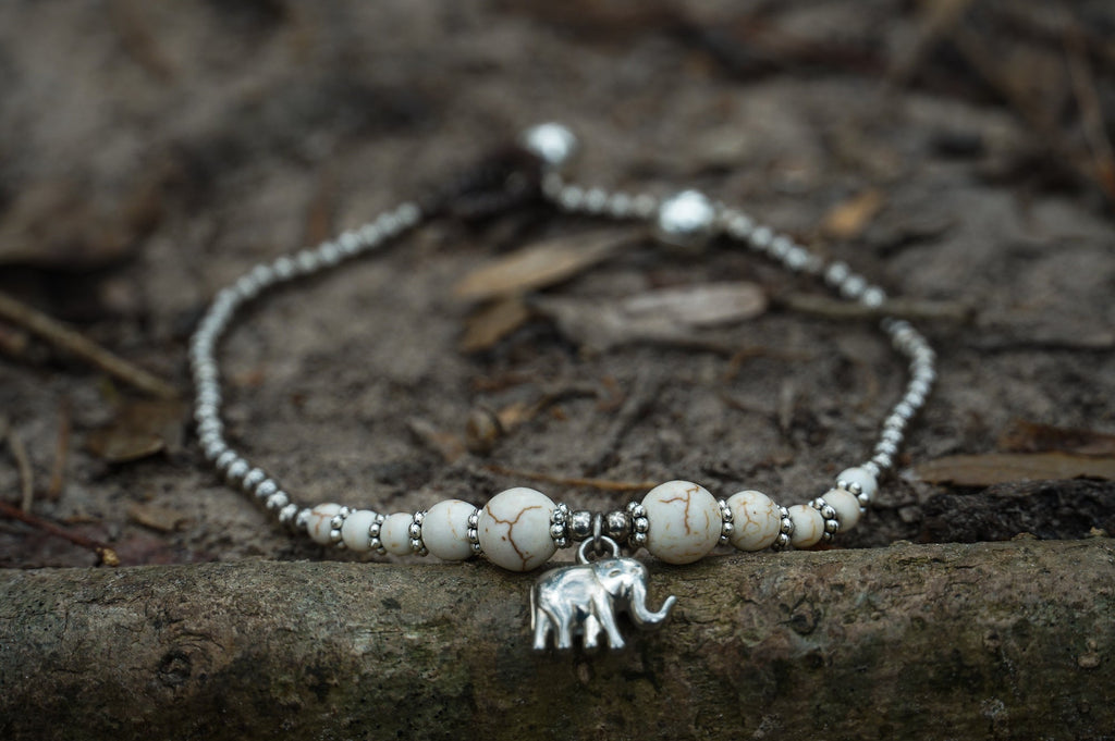 Boho Silver Anklet With White Elephant Pendant Beach