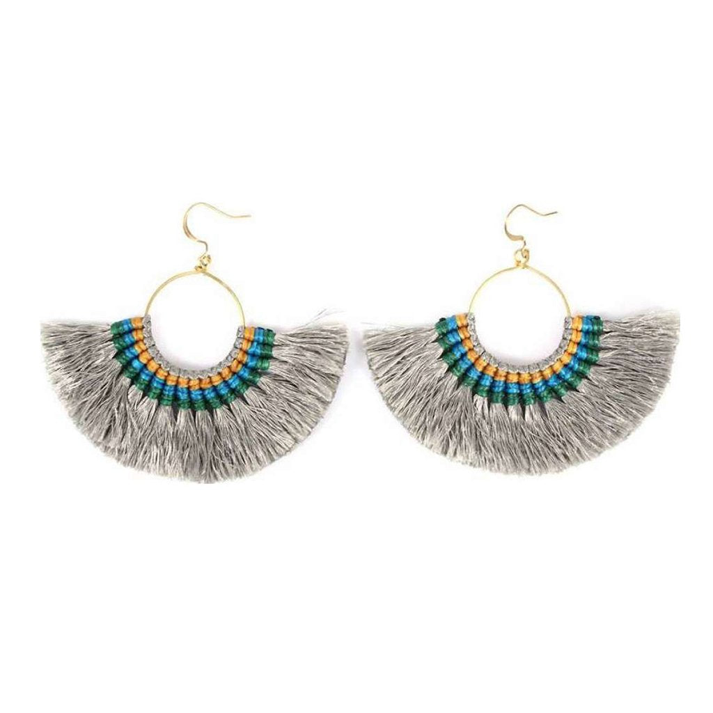 Tassel Fan Earrings Boho Cotton Tassel Lightweight 3in Drop Brass Handmade BandsCo Straps