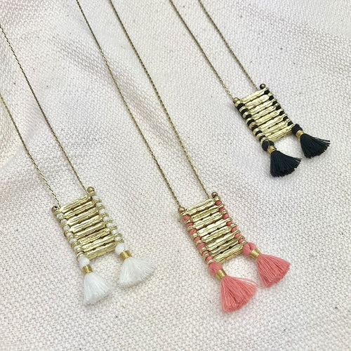 Temple Necklace Boho Indian Oxidized Zinc Alloy Cotton Tassel 17in Handmade BandsCo Straps