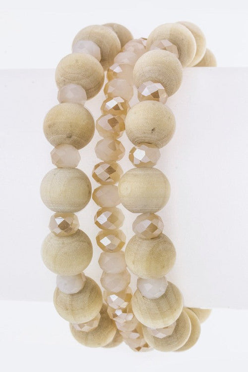 Boho Wood And Metallic Bead Stretch Bracelet Stack Set