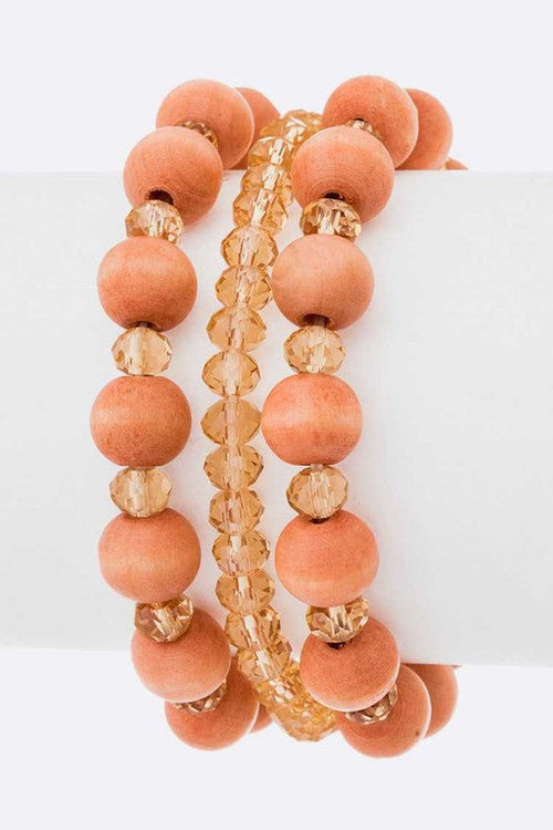 Boho Wood And Metallic Bead Stretch Bracelet Stack Set