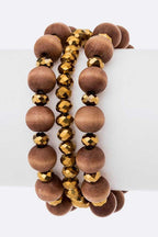 Boho Wood And Metallic Bead Stretch Bracelet Stack Set