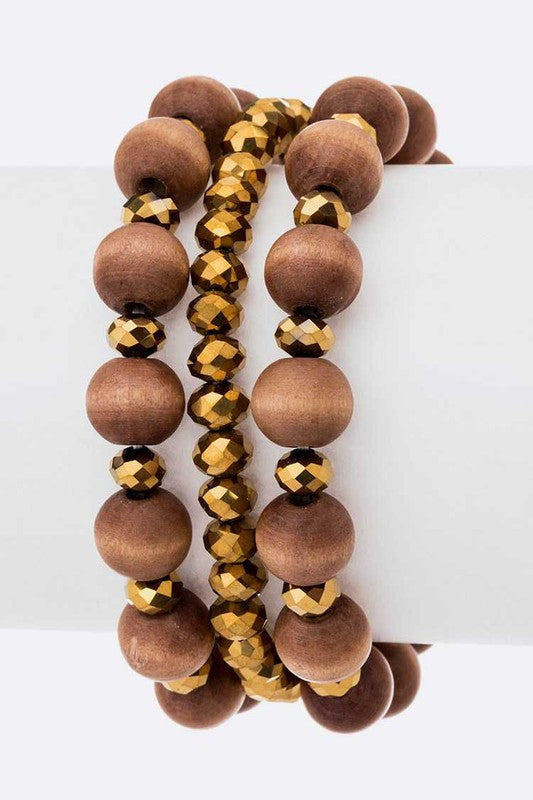 Boho Wood And Metallic Bead Stretch Bracelet Stack Set