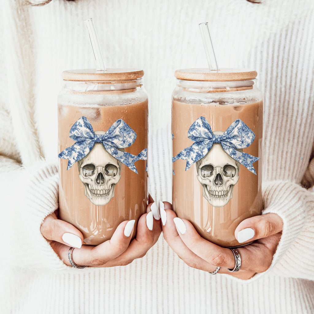 Bow Skull 20oz Insulated Glass Tumbler With Bamboo Lid And Stainless Straws BandsCo Straps