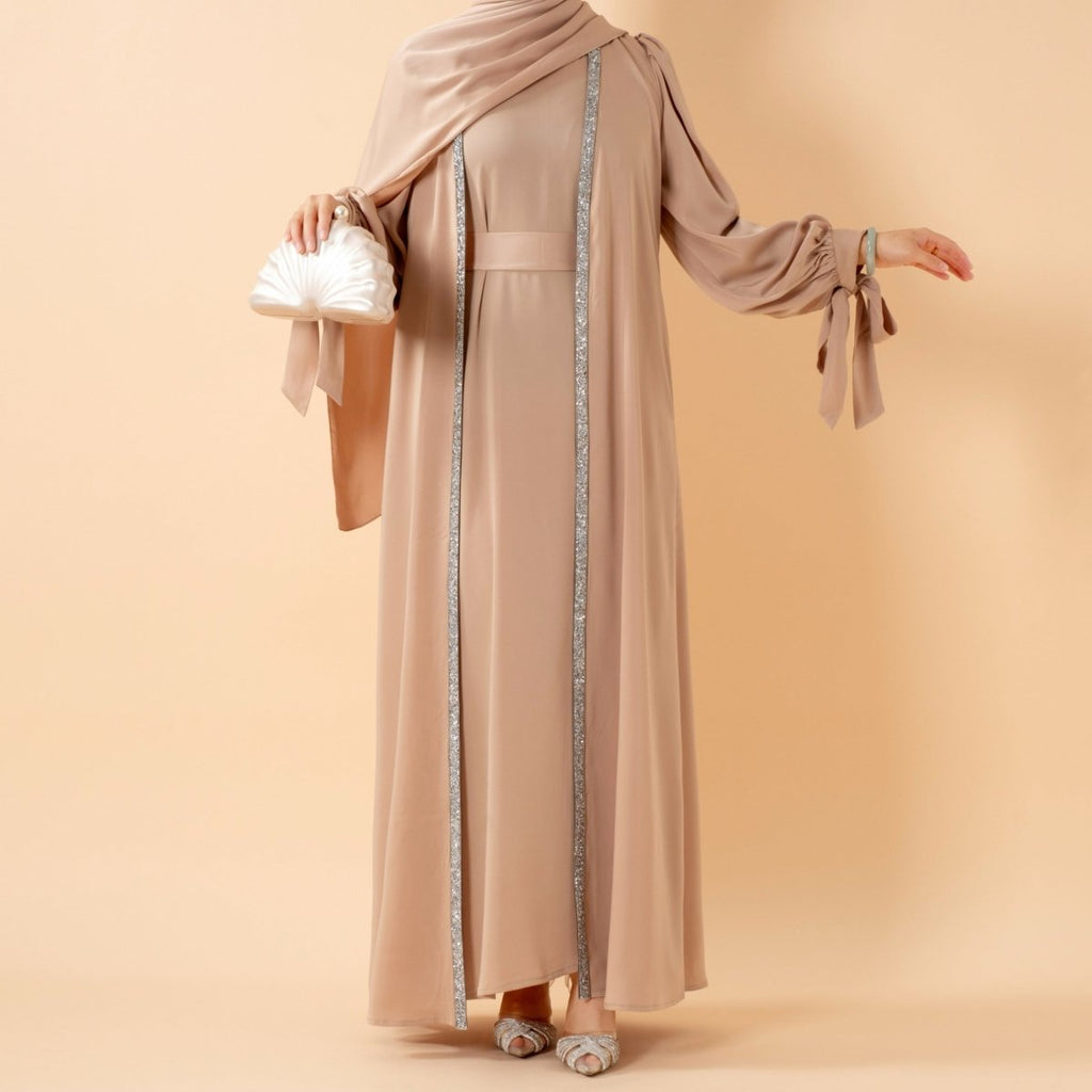 Bow Tie Sleeve Abaya Set With Long-sleeve Inner Dress (MOA026) - SJB-DIAMOND ELITES