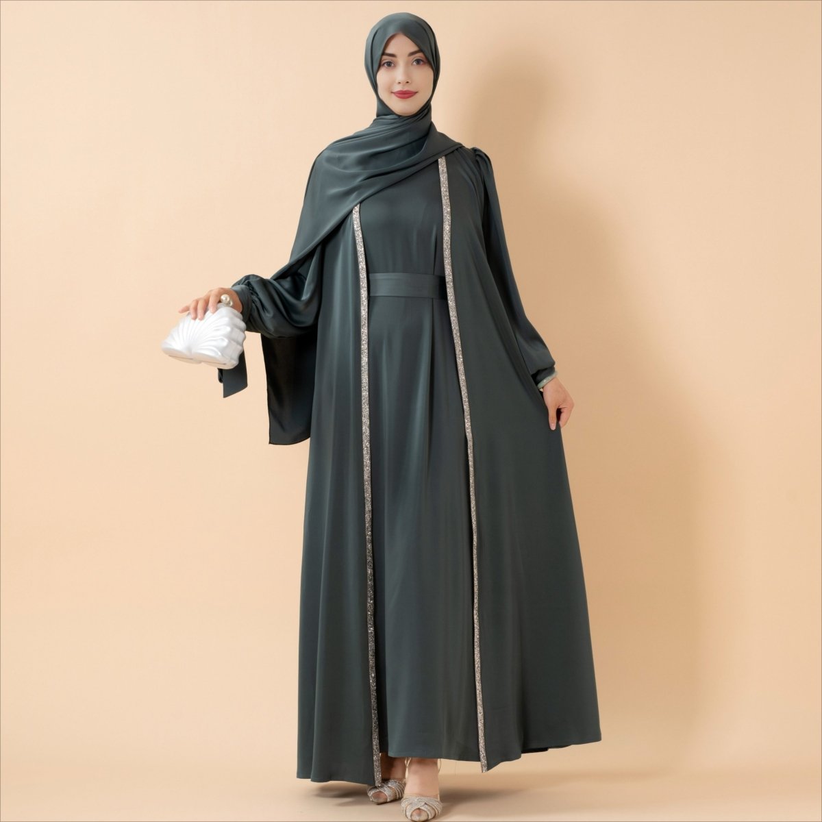 Bow Tie Sleeve Abaya Set With Long-sleeve Inner Dress (MOA026) - SJB-DIAMOND ELITES