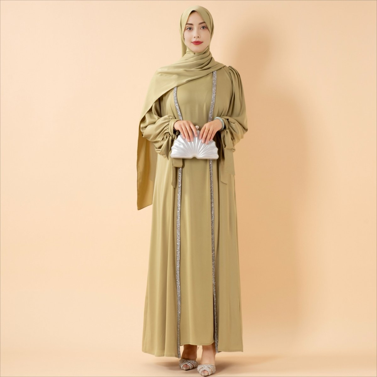 Bow Tie Sleeve Abaya Set With Long-sleeve Inner Dress (MOA026) - SJB-DIAMOND ELITES