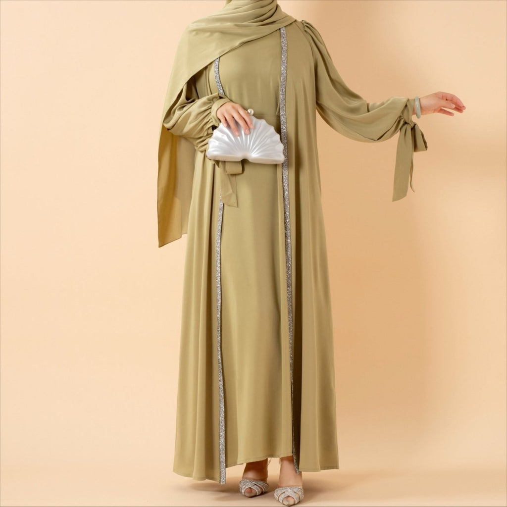 Bow Tie Sleeve Abaya Set With Long-sleeve Inner Dress (MOA026) - SJB-DIAMOND ELITES