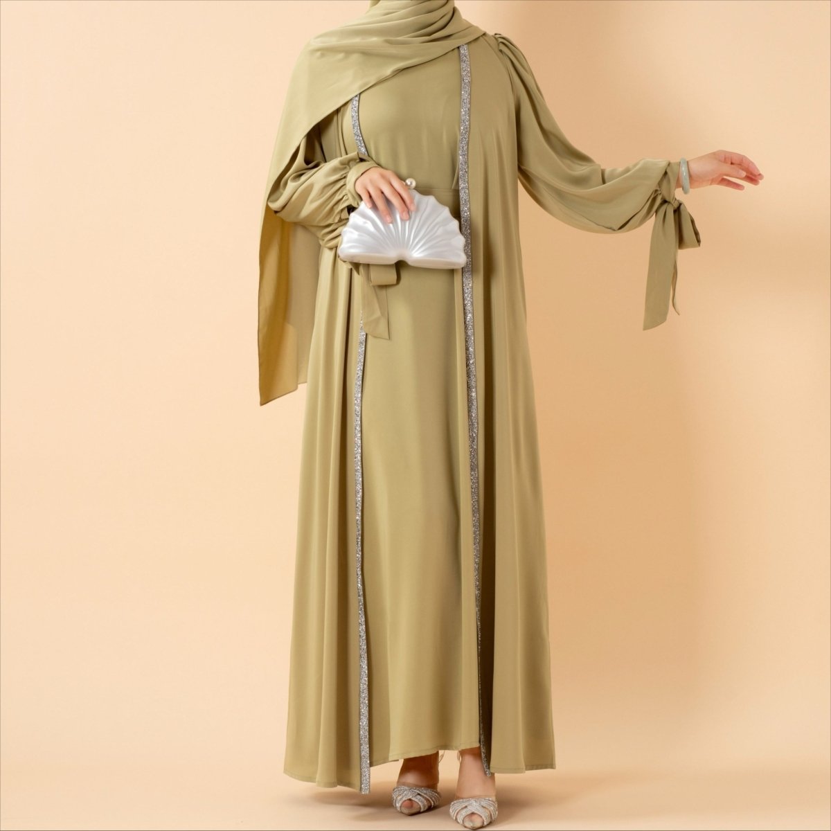 Bow Tie Sleeve Abaya Set With Long-sleeve Inner Dress (MOA026) - SJB-DIAMOND ELITES