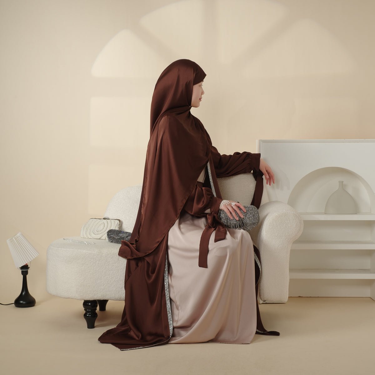 Bow Tie Sleeve Abaya Set With Long-sleeve Inner Dress (MOA026) - SJB-DIAMOND ELITES