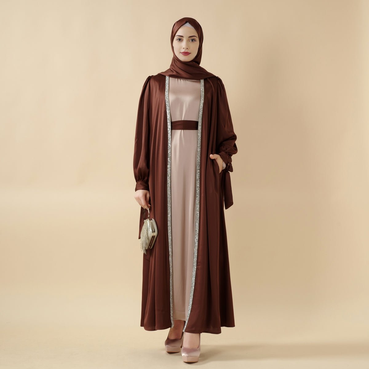 Bow Tie Sleeve Abaya Set With Long-sleeve Inner Dress (MOA026) - SJB-DIAMOND ELITES